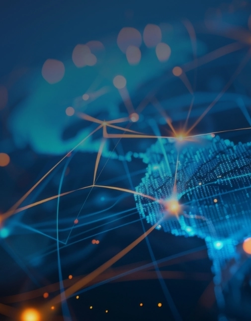 Image of global network on a blue background connecting the whole world with glowing orange lines