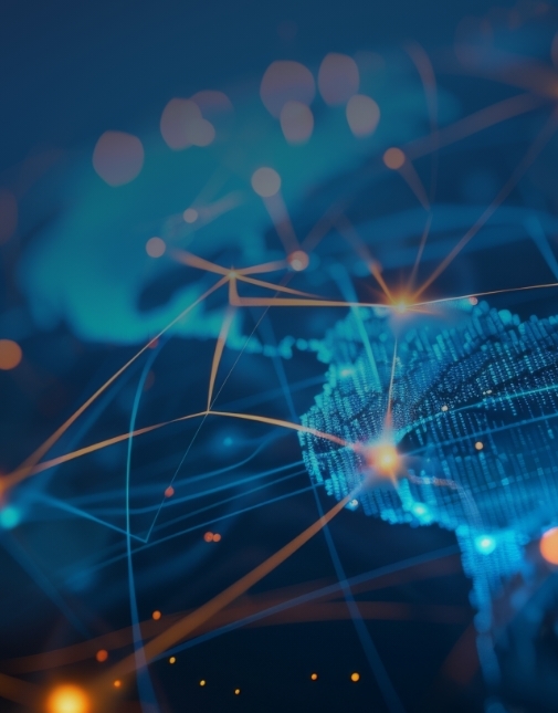 Image of global network on a blue background connecting the whole world with glowing orange lines